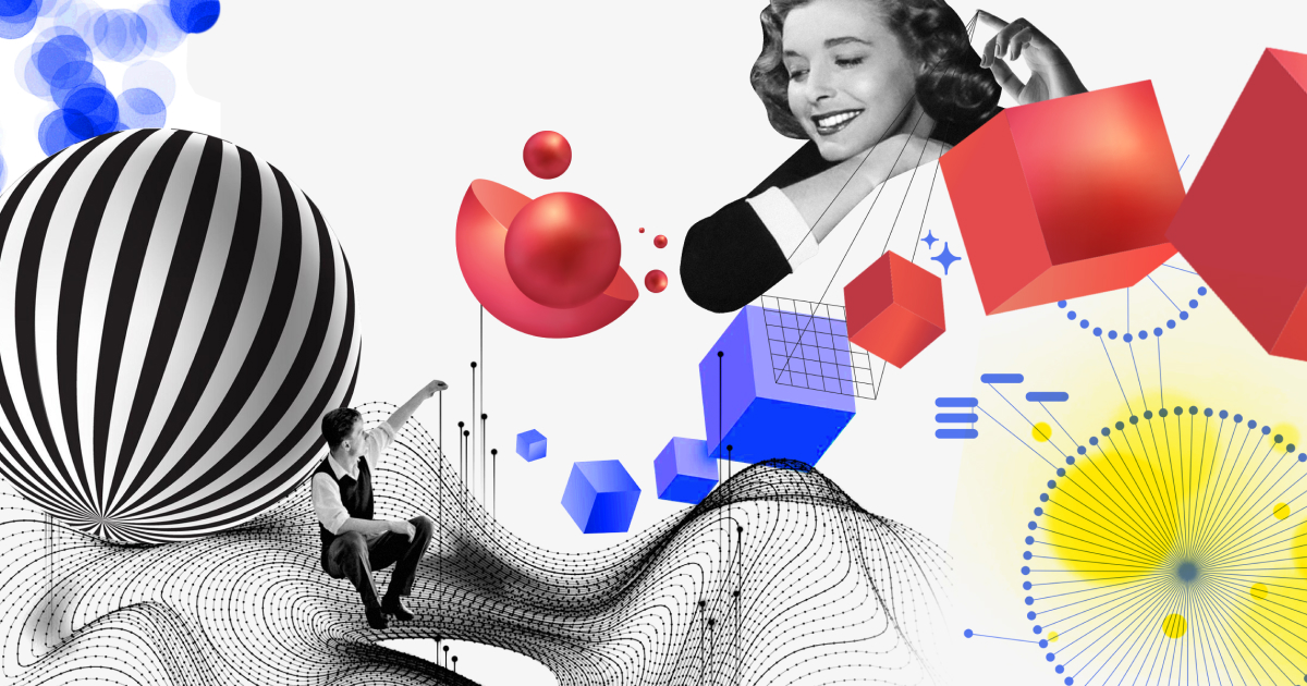 Eine surreale Collage aus Vintage-Frauen, geometrischen Formen und Mustern in kräftigen Farben, die eine dynamische und skurrile visuelle Szene erzeugt.