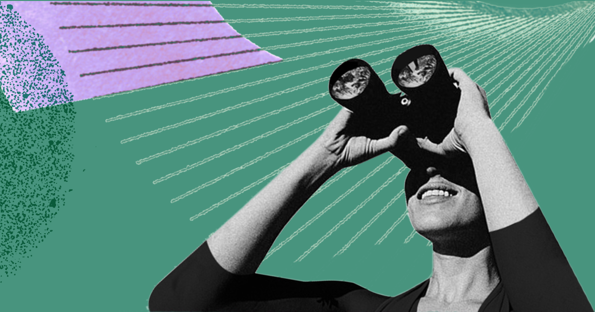 Collageartige Illustration einer Person, die mit beiden Händen ein Fernglas an die Augen hält und nach oben blickt. Der Hintergrund ist grün, durchzogen von feinen, strahlenartigen Linien, ergänzt durch abstrakte Formen in Lila und gesprenkeltem Grün. Die Darstellung vermittelt Neugier, Weitblick und Zukunftsorientierung.