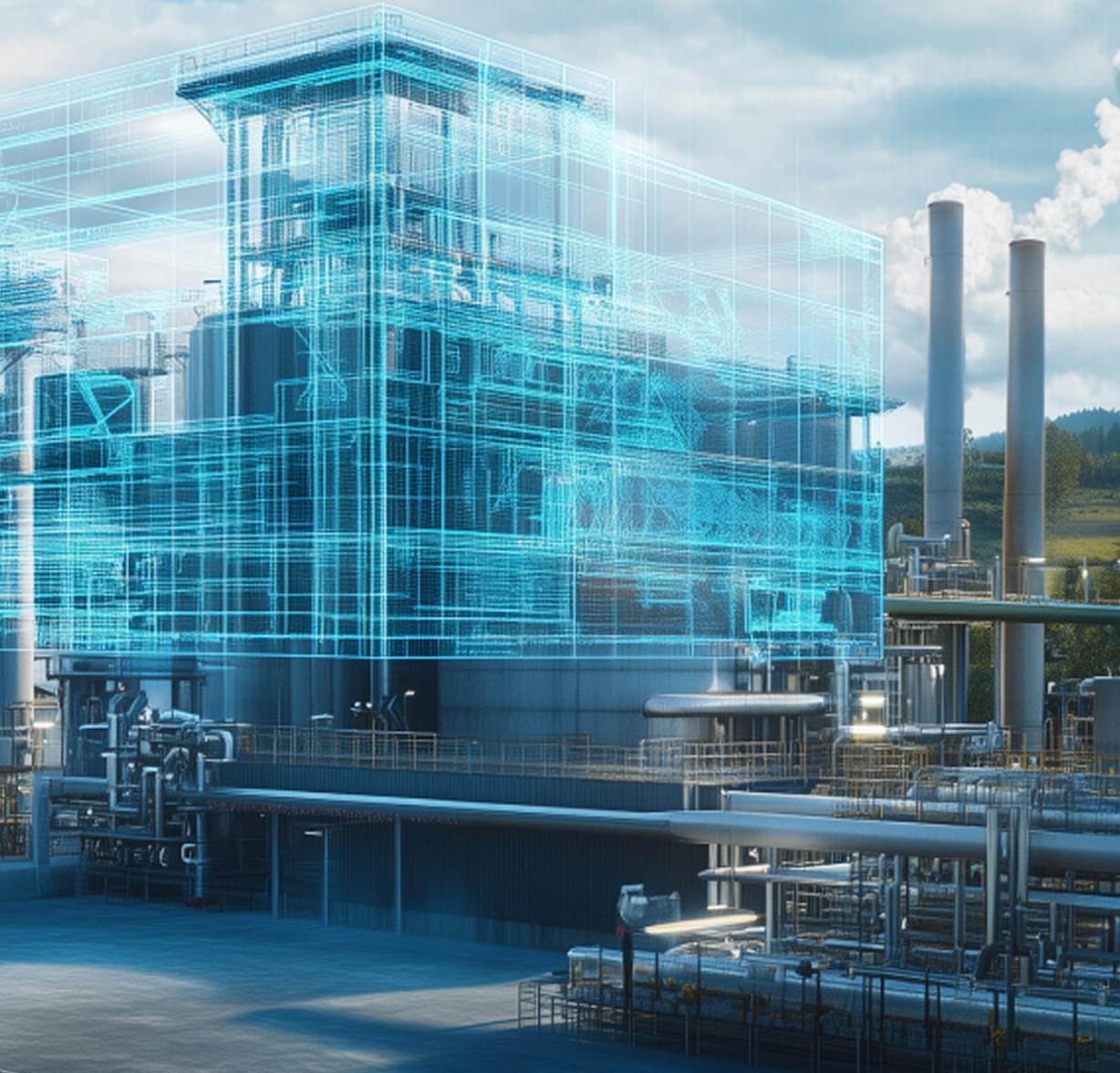 Industrieanlage mit digitalem, transparent-blauem 3D-Modell als Overlay.