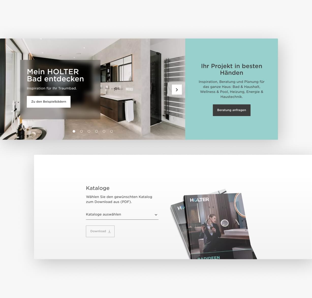 Oben ein Call to Action zur Beratung, unten die Download-Sektion für die Kataloge.