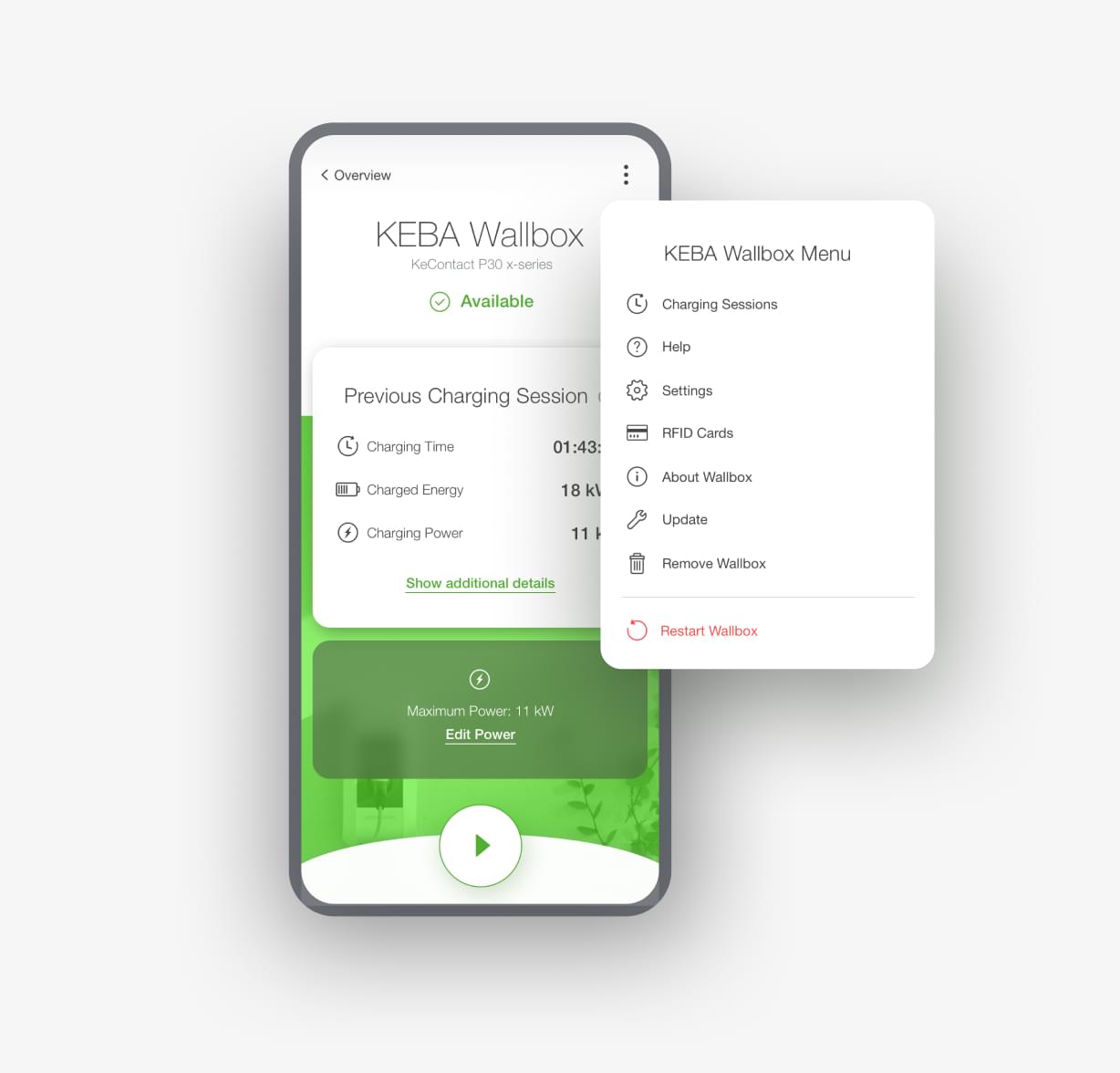 Smartphone-Ansicht einer Wallbox mit Infos zur letzten Ladesitzung und geöffnetem Menü mit Einstellungen, RFID und Neustart.