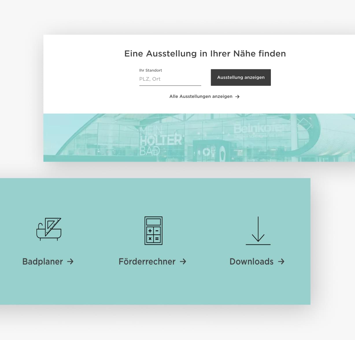 Zwei Komponenten welche auf der Sales Plattform eingesetzt werden, oben der Standort-Finder und unten verschiedene Tools.
