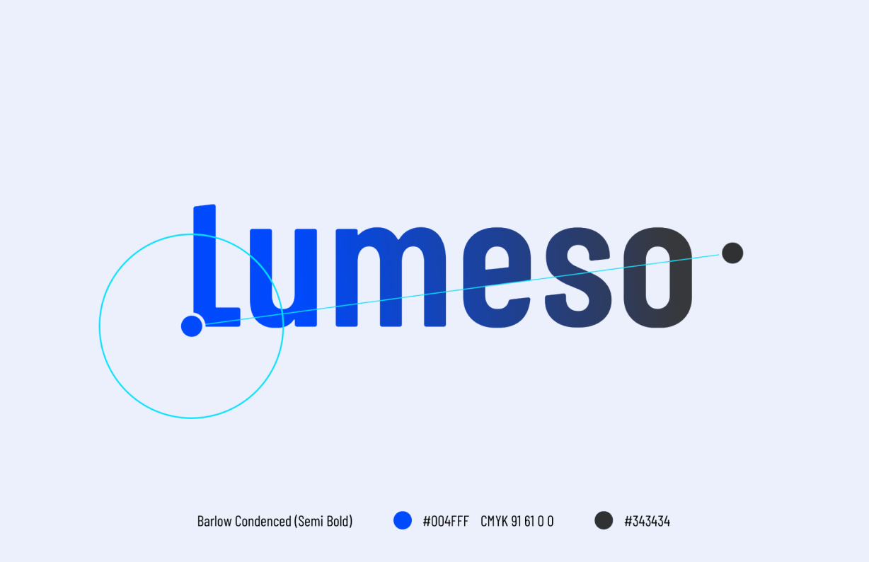 Lumeso-Logo mit Typografieanalyse und Farbwerten auf hellem Hintergrund