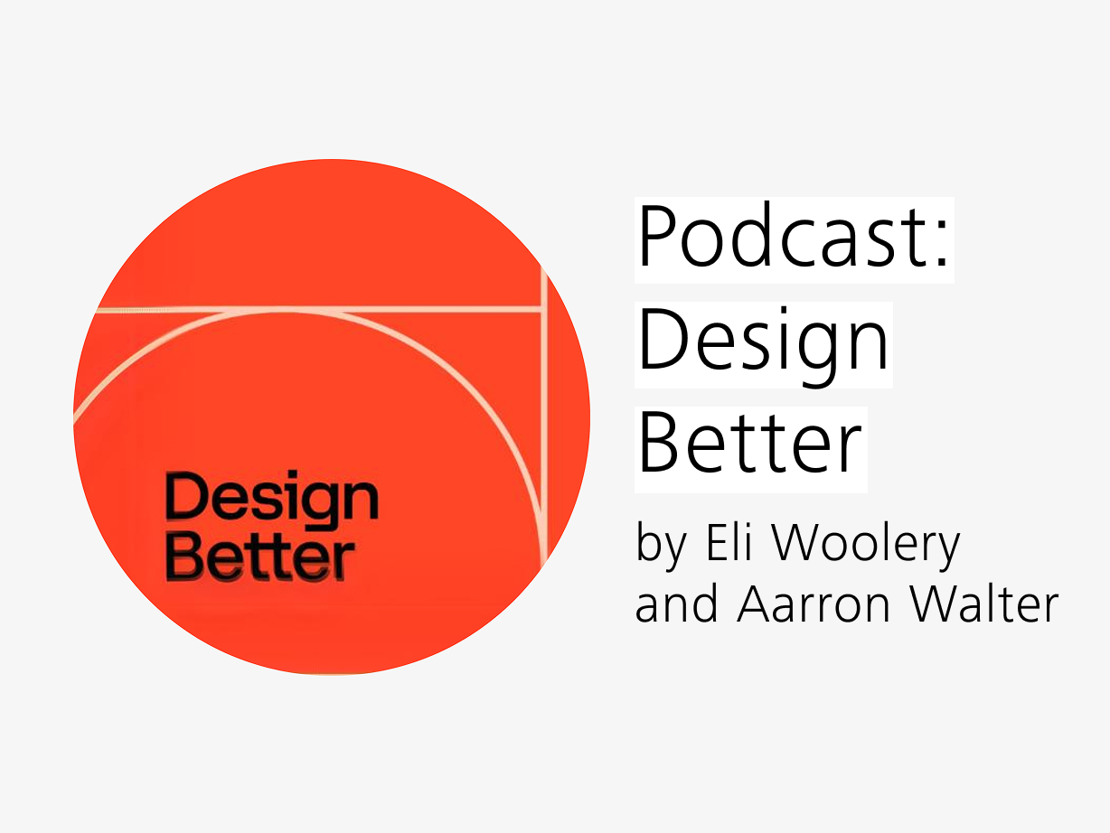 Rotes Logo des Podcasts „Design Better“, von Eli Woolery und Aarron Walter.