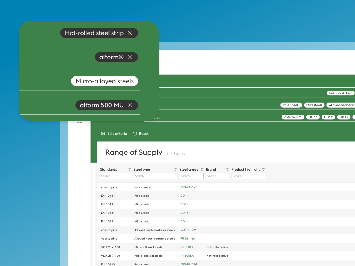 Filter-Tags und Suchkriterien für verschiedene Stahltypen über einer Ergebnisliste im Product Data System.