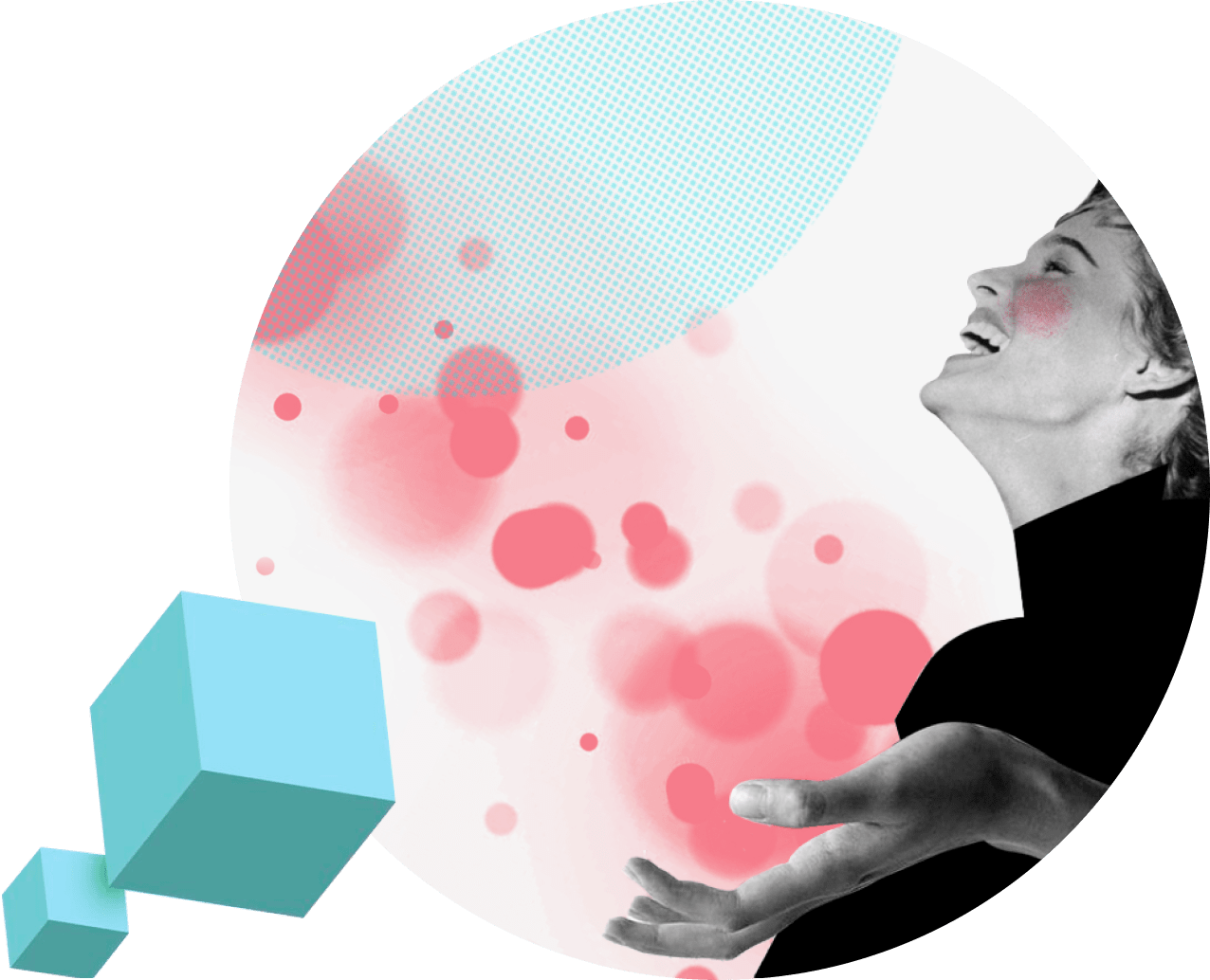 Eine lachende Frau mit ausgestreckter Hand vor einem Hintergrund aus roten Blasen.