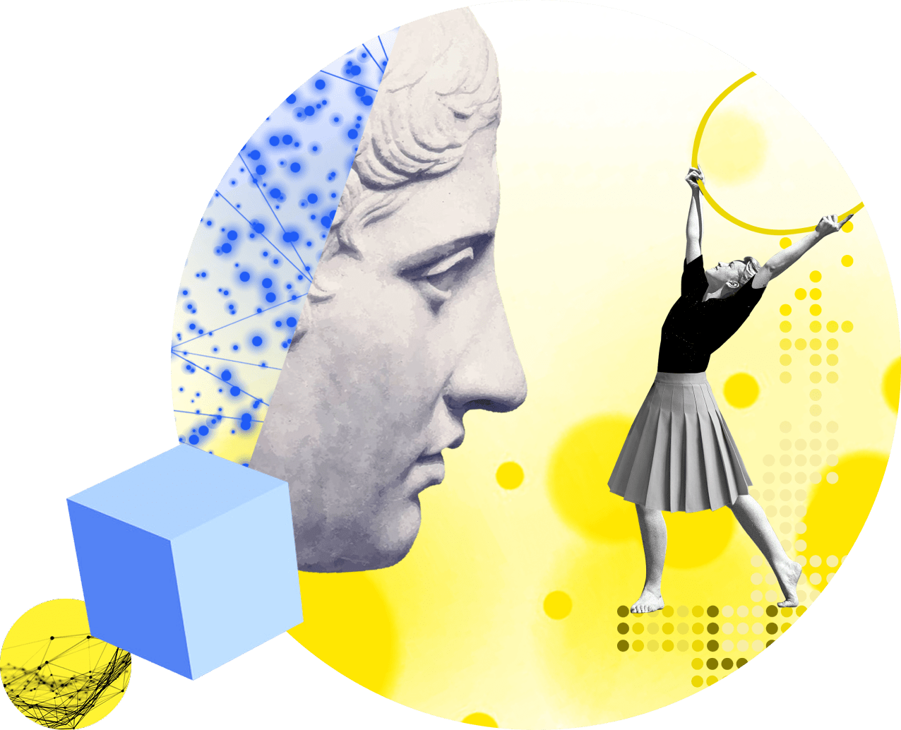 Eine Collage aus einer antiken Büste, einer tanzenden Frau und abstrakten Formen auf gelbem Hintergrund.