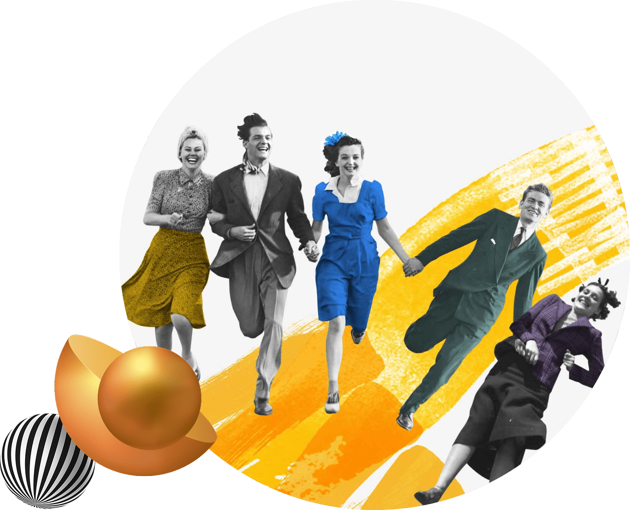 Lachende Menschen laufen Hand in Hand, im Hintergrund ist ein gelber Pinselstrich.