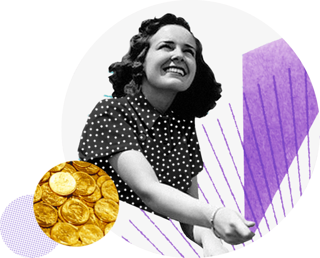 Schwarz-weiße Collage einer lächelnden Frau im gepunkteten Kleid, die nach oben schaut. Sie scheint etwas zu halten, während dynamische lilafarbene Linien und Formen im Hintergrund einen modernen, künstlerischen Akzent setzen.