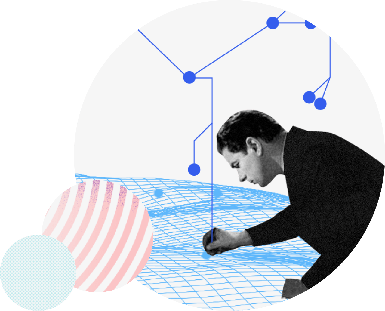 Ein Verkäufer betrachtet aufmerksam ein Netzwerkdiagramm mit abstrakten blauen Datenpunkten und Verbindungslinien im Hintergrund.