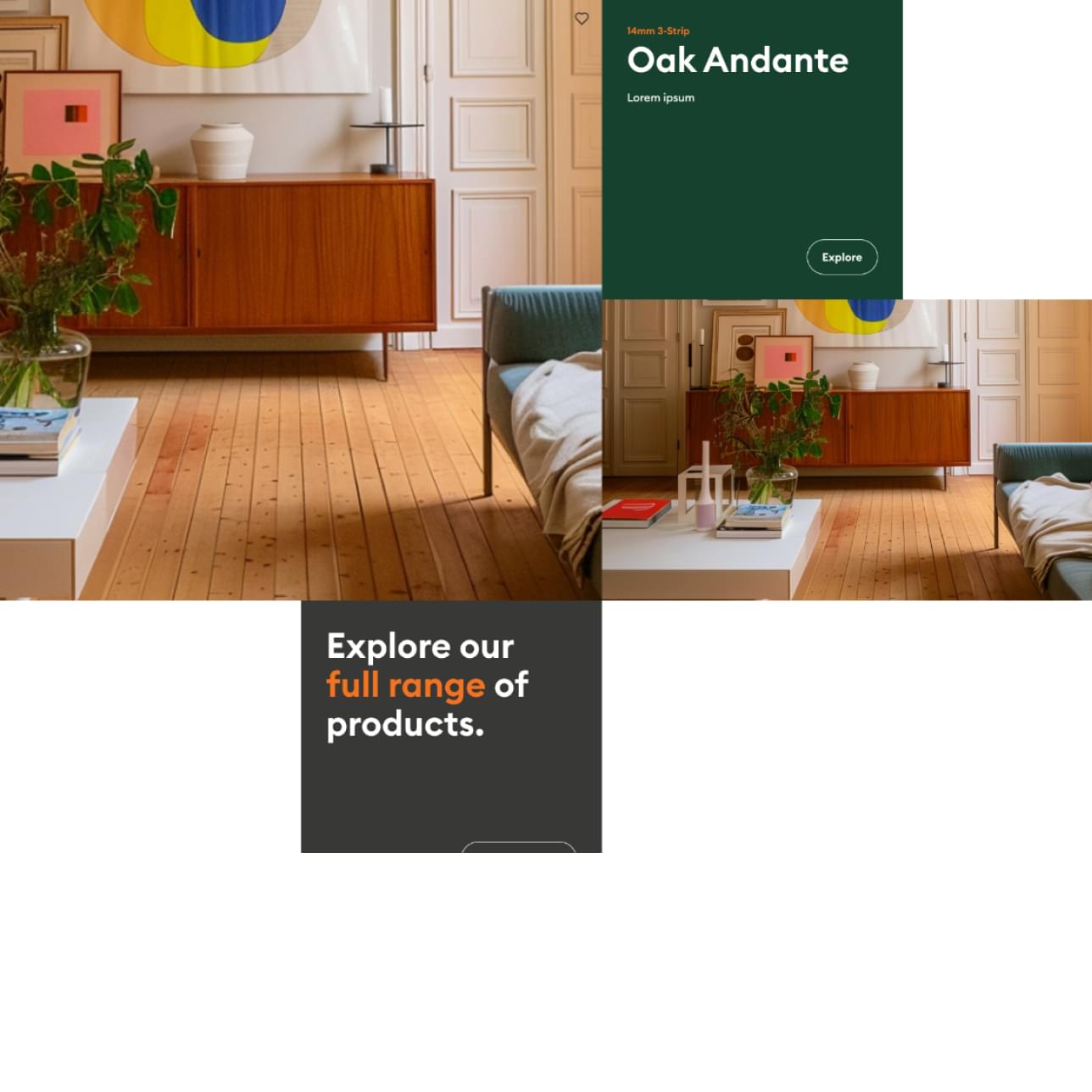 Stilvolles Wohnzimmer mit Holzboden, modernen Möbeln und farbenfroher Wandkunst. Der Text lautet „Oak Andante“ und „Entdecken Sie unser gesamtes Produktsortiment“.