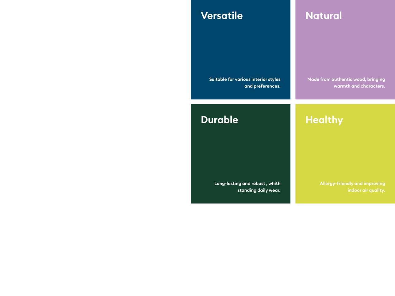 Vier farbige Quadrate mit Text: Vielseitig (blau), Natürlich (lila), Langlebig (grün) und Gesund (gelb), die jeweils die Produkteigenschaften beschreiben.
