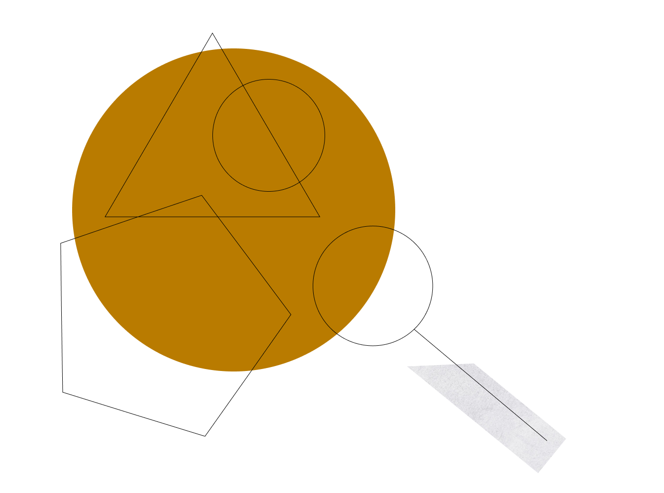 Geometrische Komposition mit einem orangefarbenen Kreis, der ein Dreieck, einen Kreis und ein Fünfeck überlappt, sowie einer Lupe vor weißem Hintergrund.