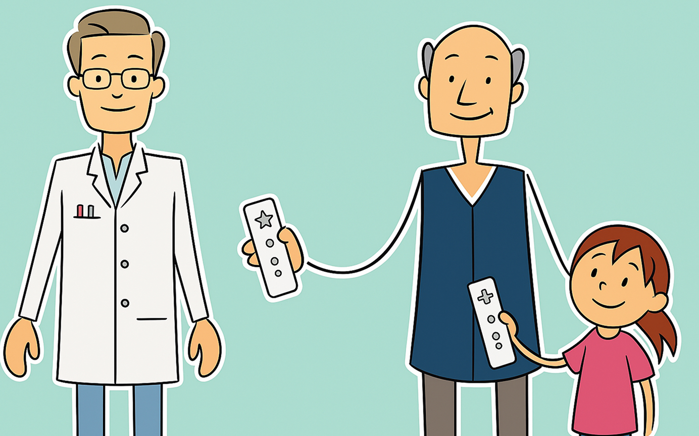Illustration zeigt Arzt, älteren Mann und Kind mit Controllern für Bewegungstherapie zu Hause.