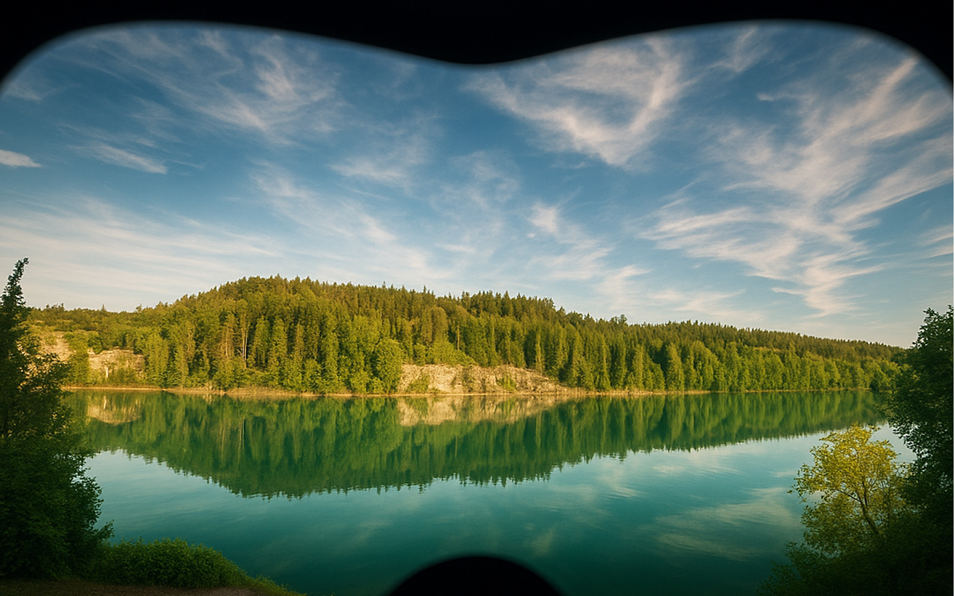 Panoramablick auf See und Wald durch eine VR-Brille mit sichtbarem Rahmen unten und oben.