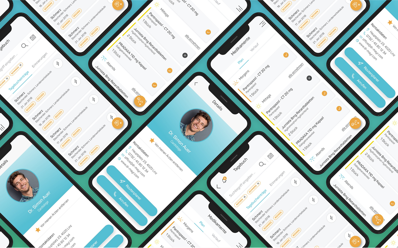 Vivellio App mit Medikamentenplan, Arztkontakt und Gesundheitstagebuch auf mehreren Smartphones.