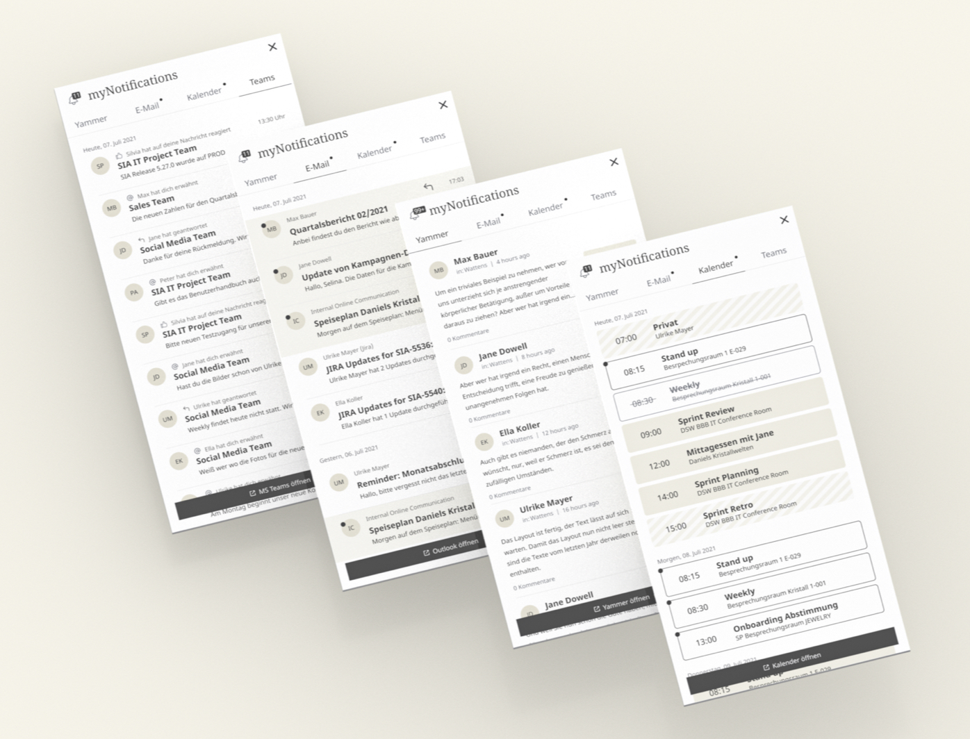 Ansicht der SIA Intranet-Benachrichtigungen mit Nachrichten, Kalendereinträgen und Team-Updates.