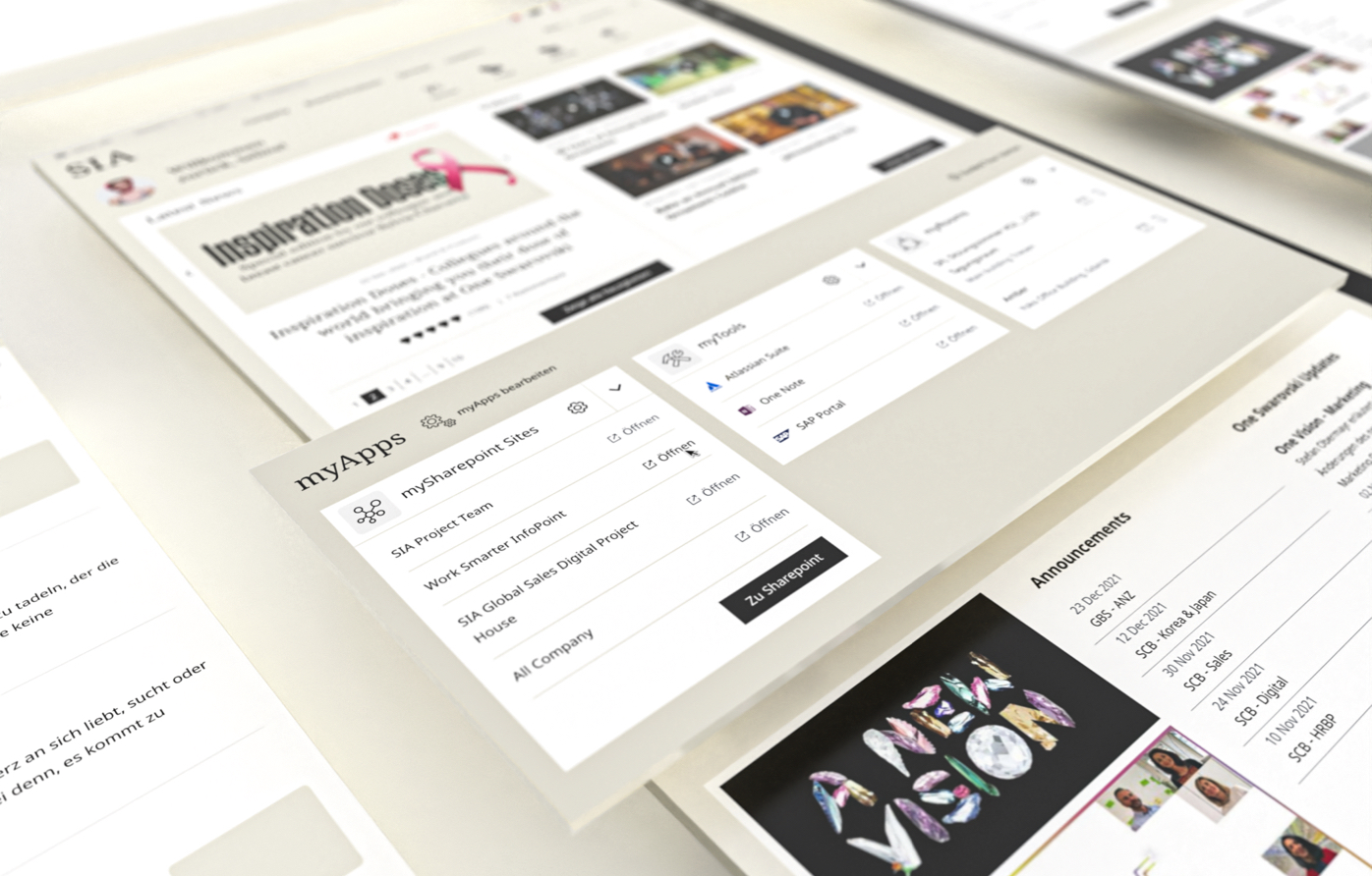 Übersicht verschiedener Kacheln und Funktionen im SIA Intranet, darunter Apps, News und Ankündigungen.