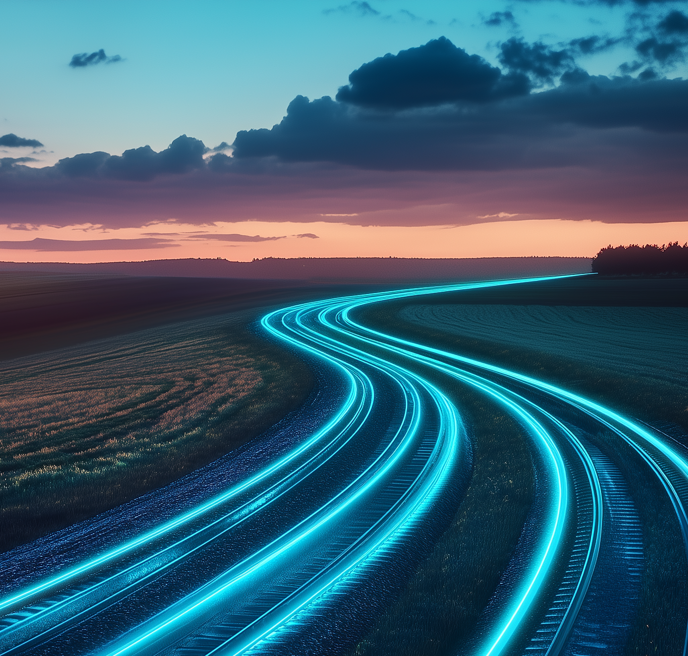 Digital leuchtende Bahngleise führen durch eine Landschaft bei Sonnenuntergang, symbolisieren Fortschritt und Technologie.