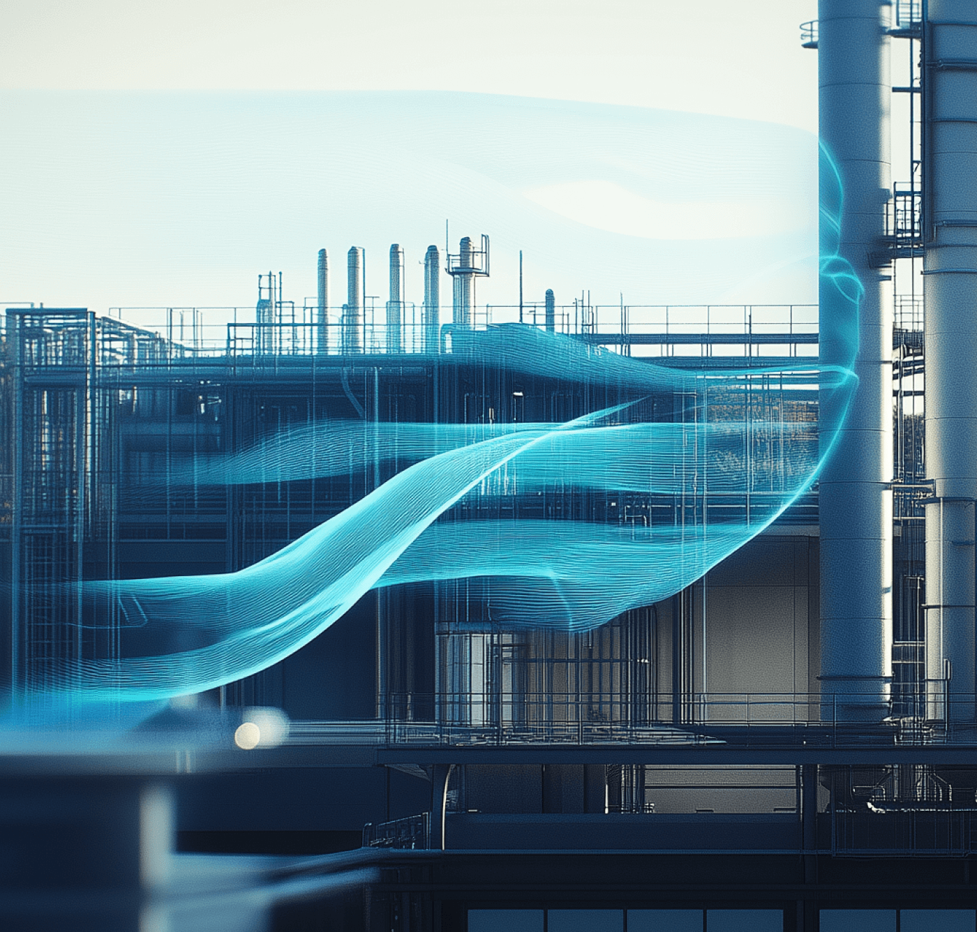 Industrieanlage mit silbernen Silos und Rohren, überlagert von einem leuchtend blauen, geschwungenen digitalen Datenfluss.