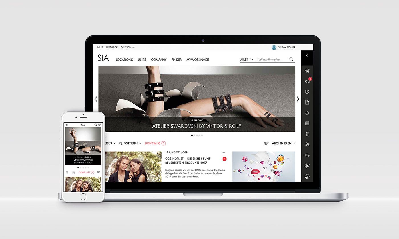 Ansicht des Swarovski Intranets auf Laptop und Smartphone mit Fokus auf Schmuckkollektion.