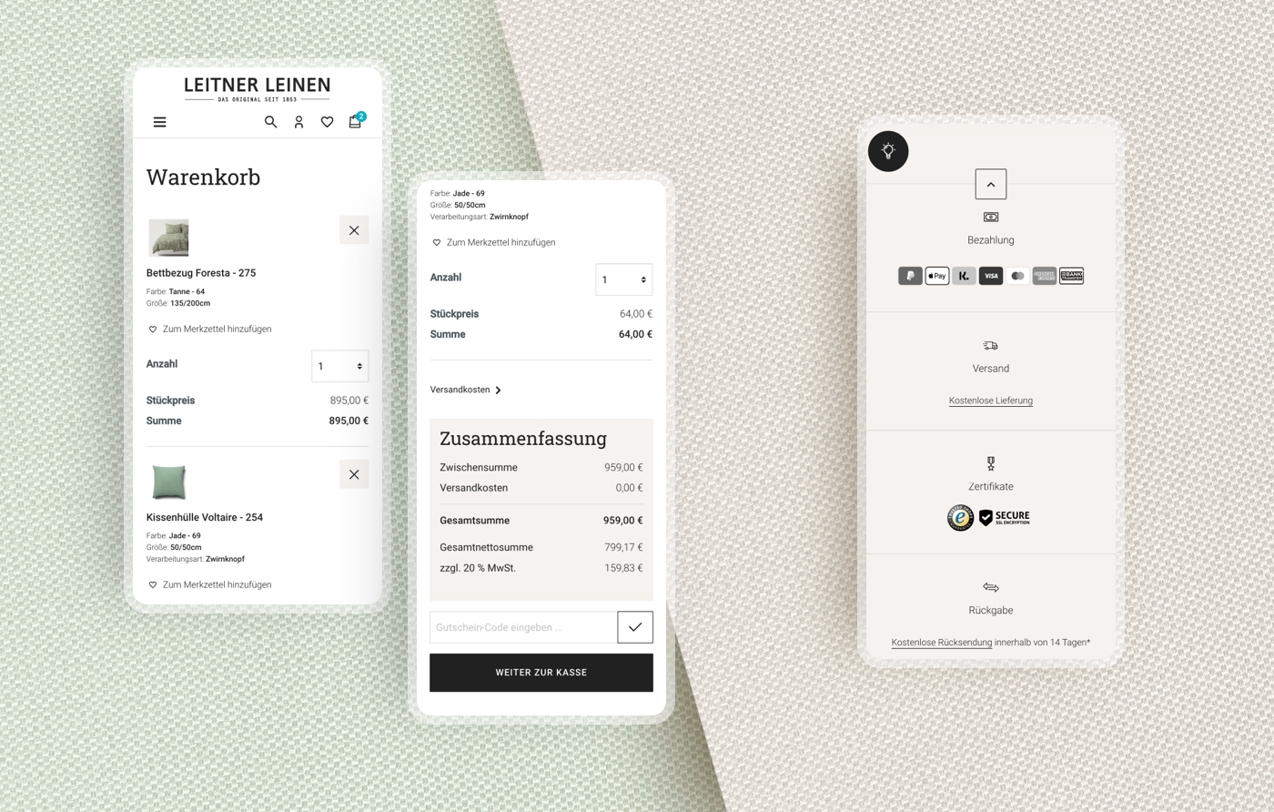 Drei mobile Ansichten des Warenkorbs und des Checkout-Prozesses.