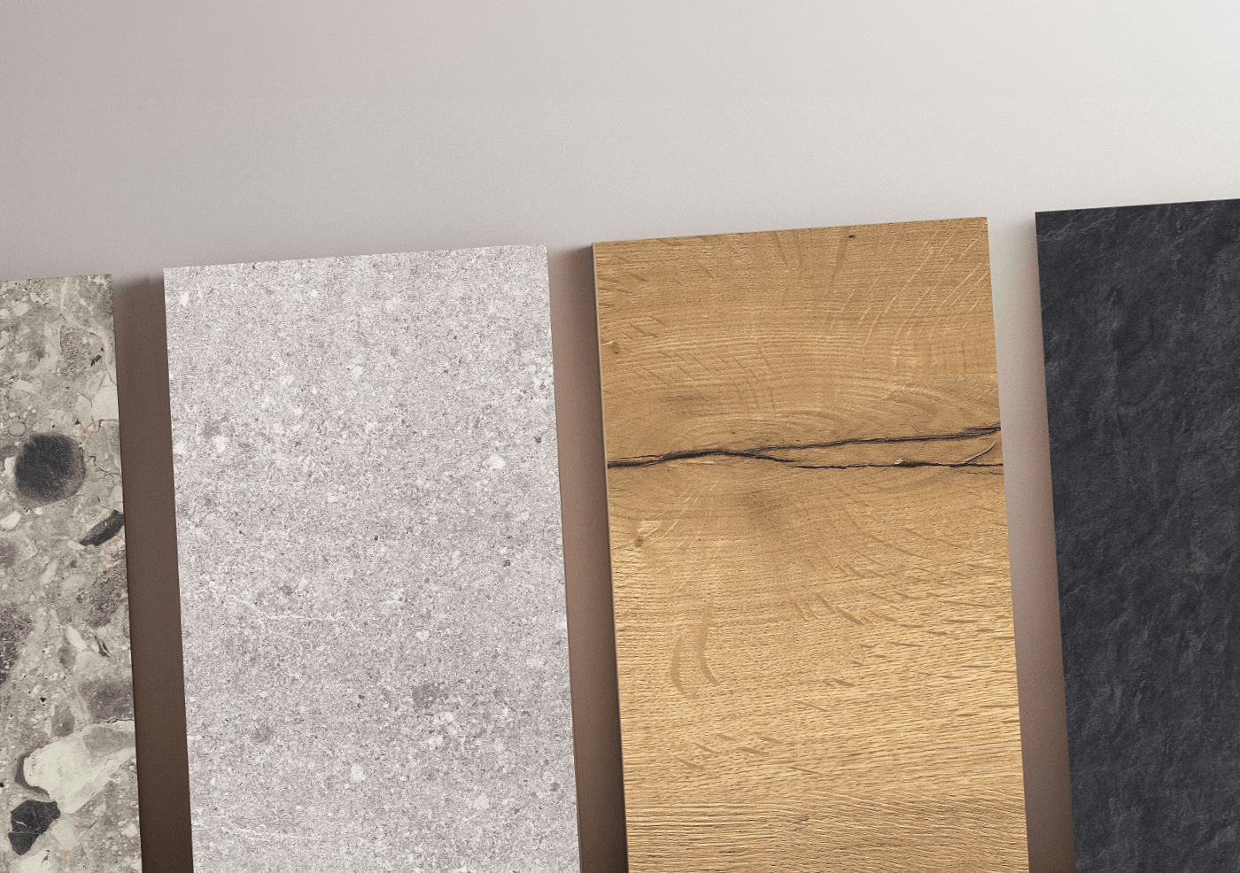 Verschiedene Dekormusterplatten in Stein-, Beton-, Holz-, Schiefer- und Marmoroptik.