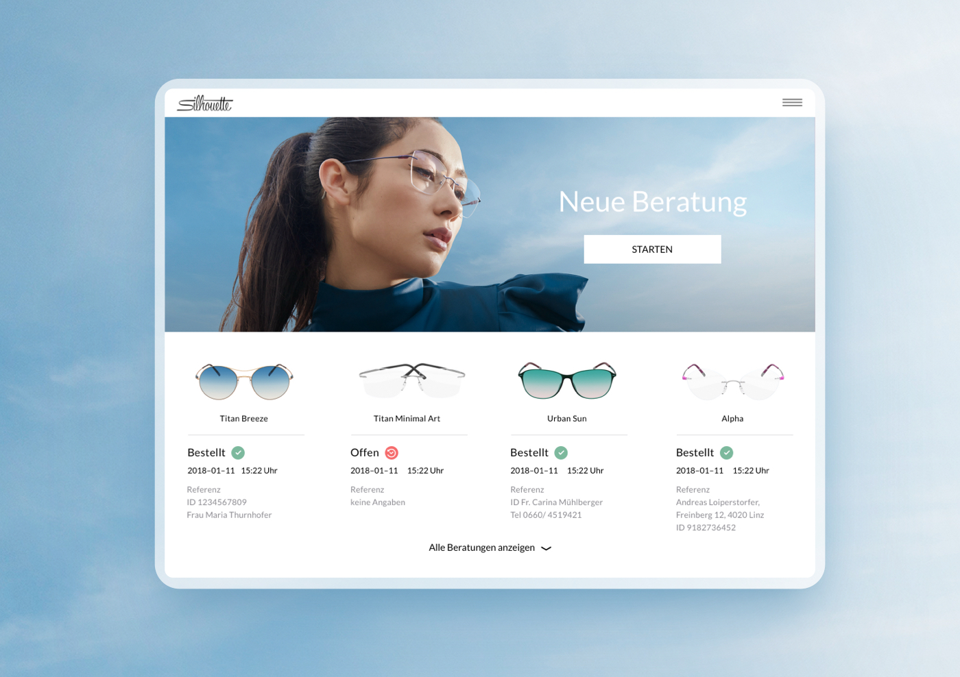 Silhouette digital eyewear consultation with customer overview and product status on a tablet screen.