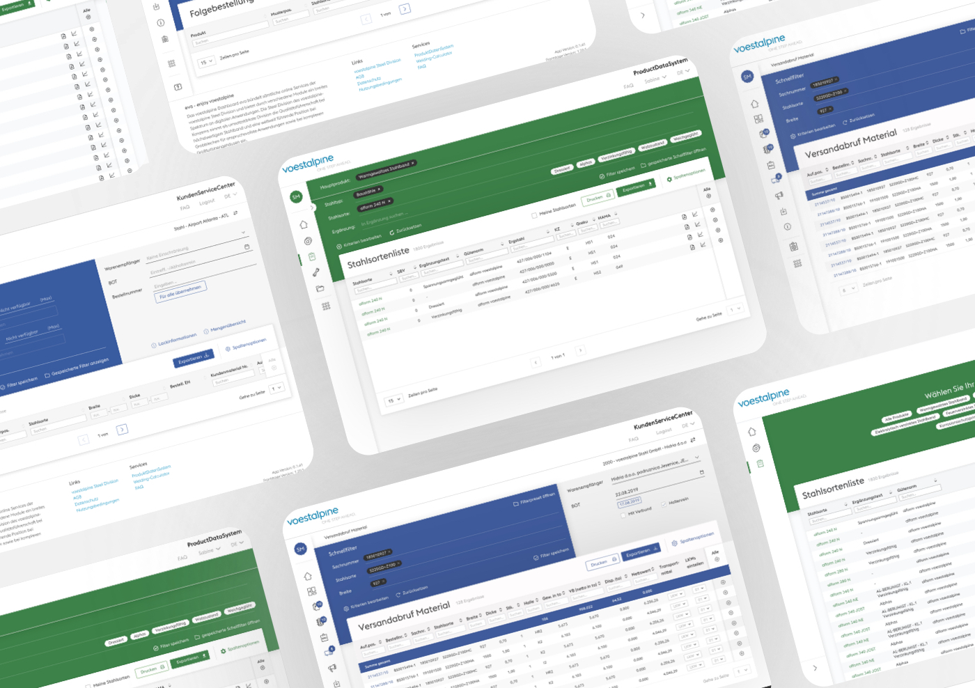 Multiple UI screens of the voestalpine platform showing tables, filters, and material lists.