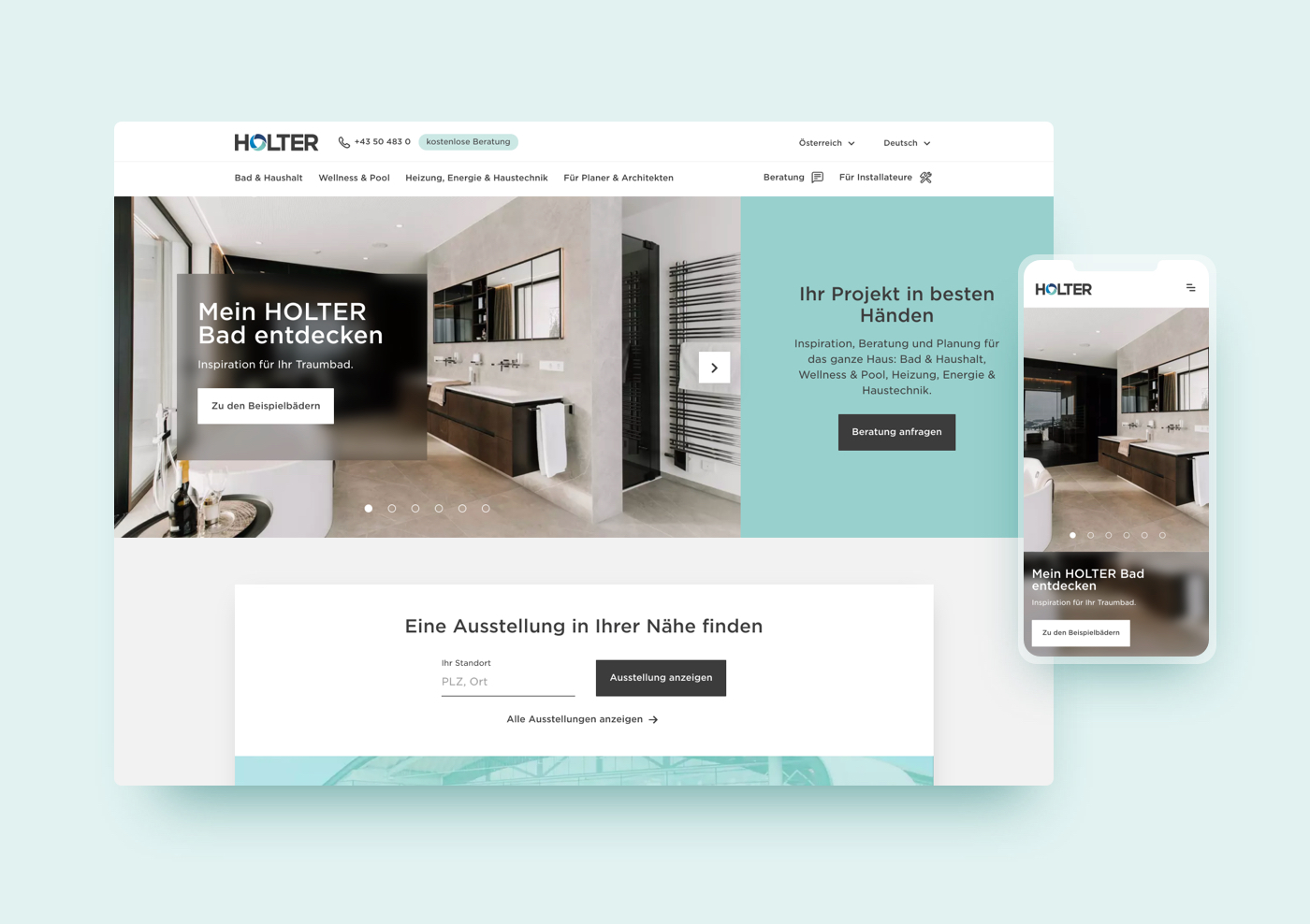 HOLTER bathroom planning website on desktop and mobile – includes showroom search and consultation option.