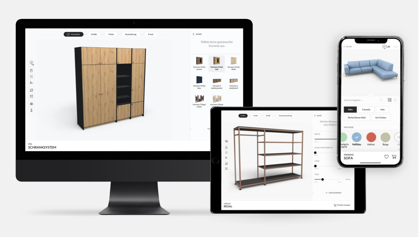Ansichten des Rubens CPQ-Konfigurators auf Desktop, Tablet und Smartphone.