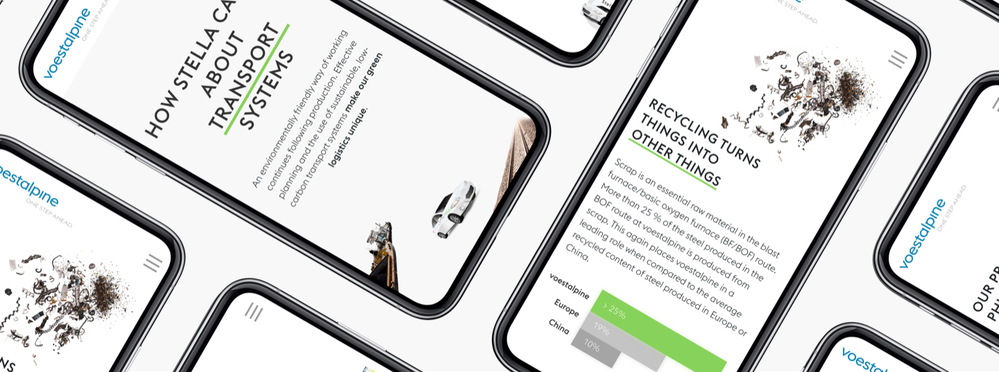 Mobile Darstellung der Stella-Webseite mit Recycling- und Nachhaltigkeitsthemen von voestalpine