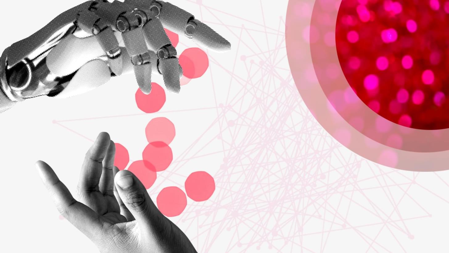 Eine Roboterhand reicht rosa Kreise an eine menschliche Hand, symbolisch für den digitalen Markt.
