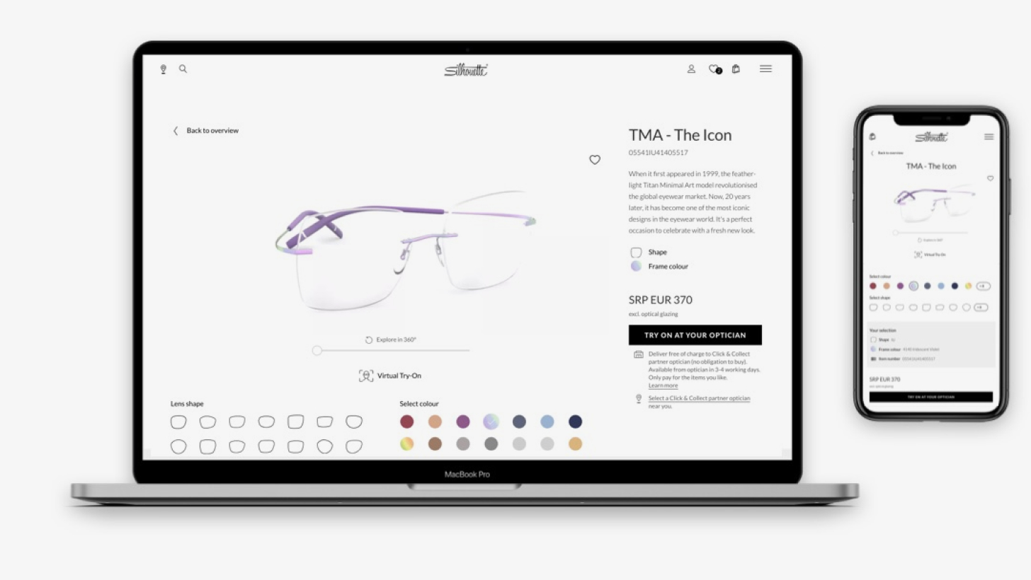 A laptop and smartphone screen of the product detail page of the Silhouette online shop showing glasses.