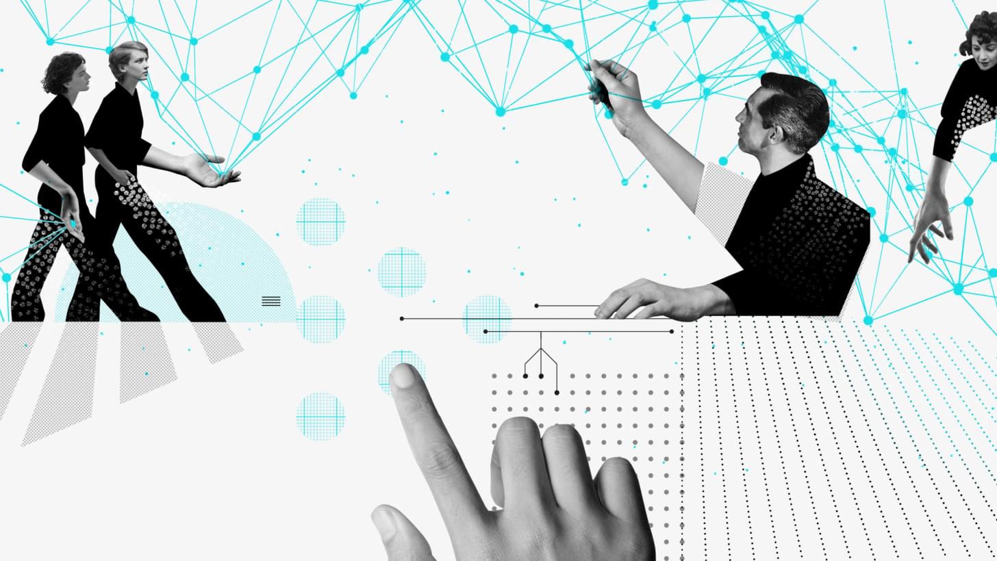 Collage of people, networks, hand, and graphics – symbolizing interaction with AI systems.