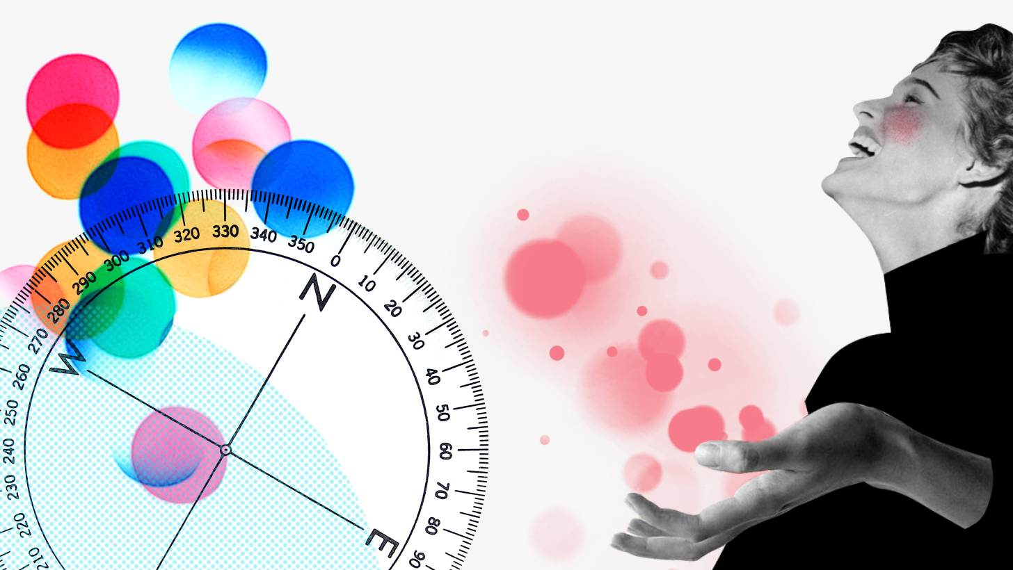 Eine lachende Frau mit ausgestreckter Hand vor einem Hintergrund aus roten Blasen.