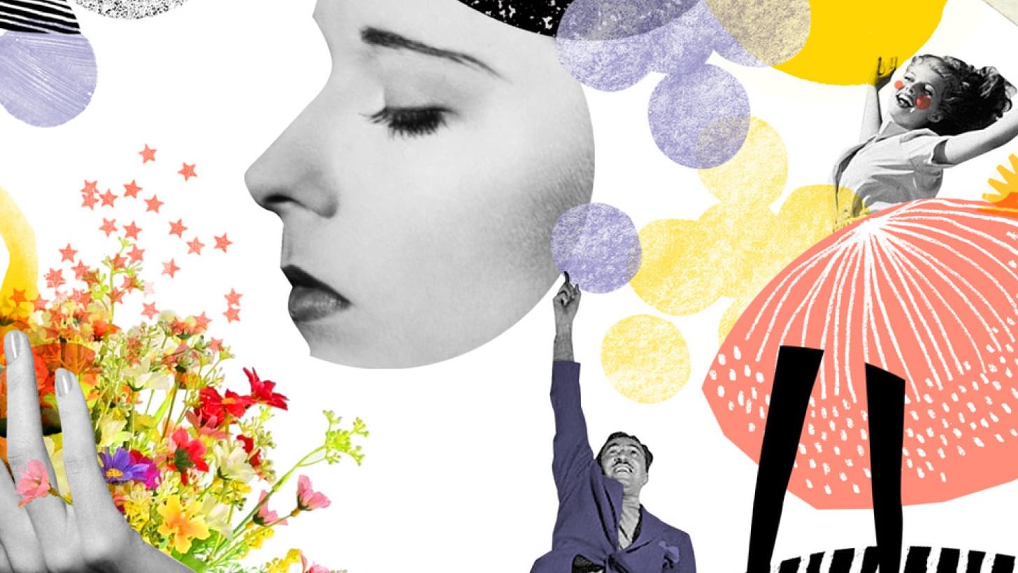 Colorful collage with female face, flowers, figures, and shapes – symbolizing fantasy, dreams, and emotion.