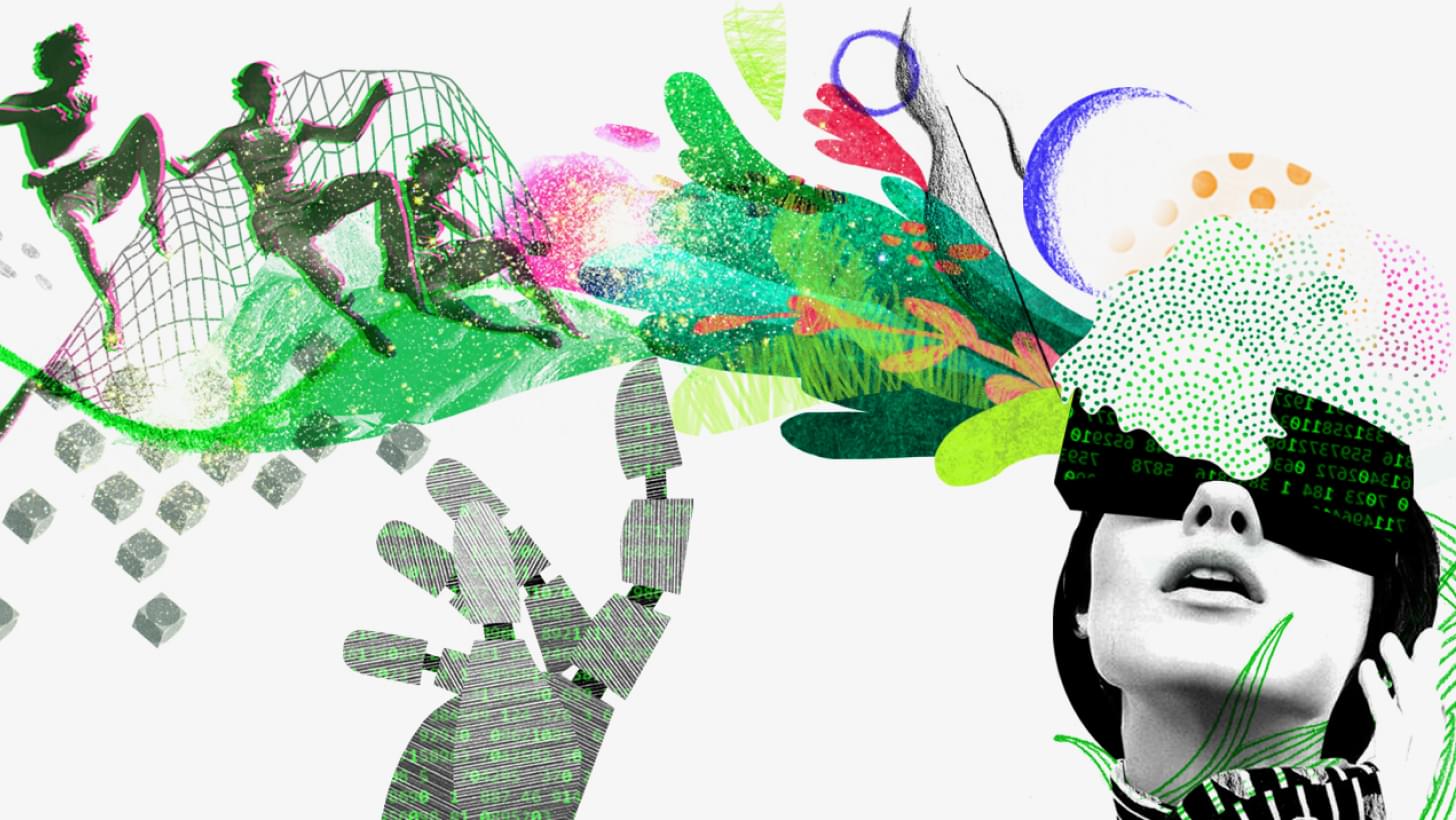 Grüne Collage: Frau mit VR-Brille, aus der Brille fließen grafische Elemente und kleine Menschen.