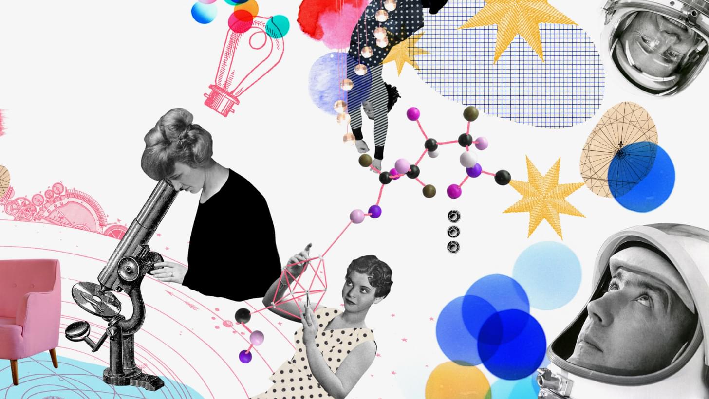 Künstlerische Collage mit Frauen in wissenschaftlichen Szenen, Molekülstrukturen, Astronauten und bunten Grafikelementen.