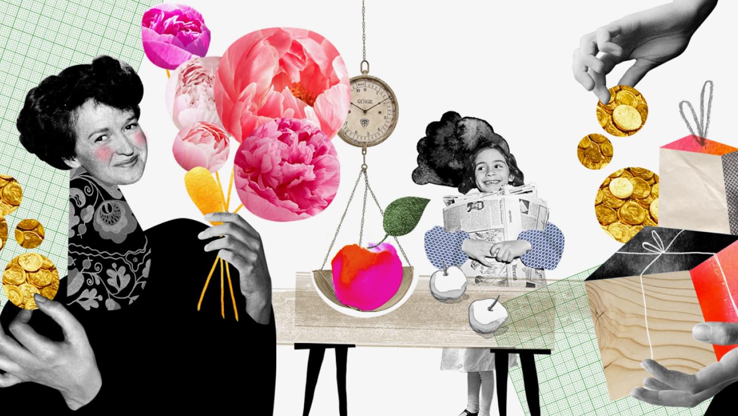 A colorful collage with two women and various graphic elements such as flowers and patterns.