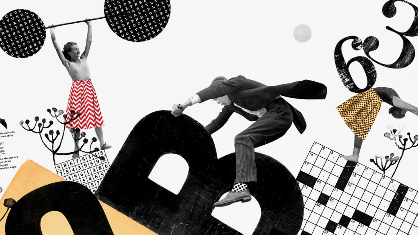 Eine hauptsächlich schwarz-weiße Collage mit Personen, Buchstaben und Zahlen.