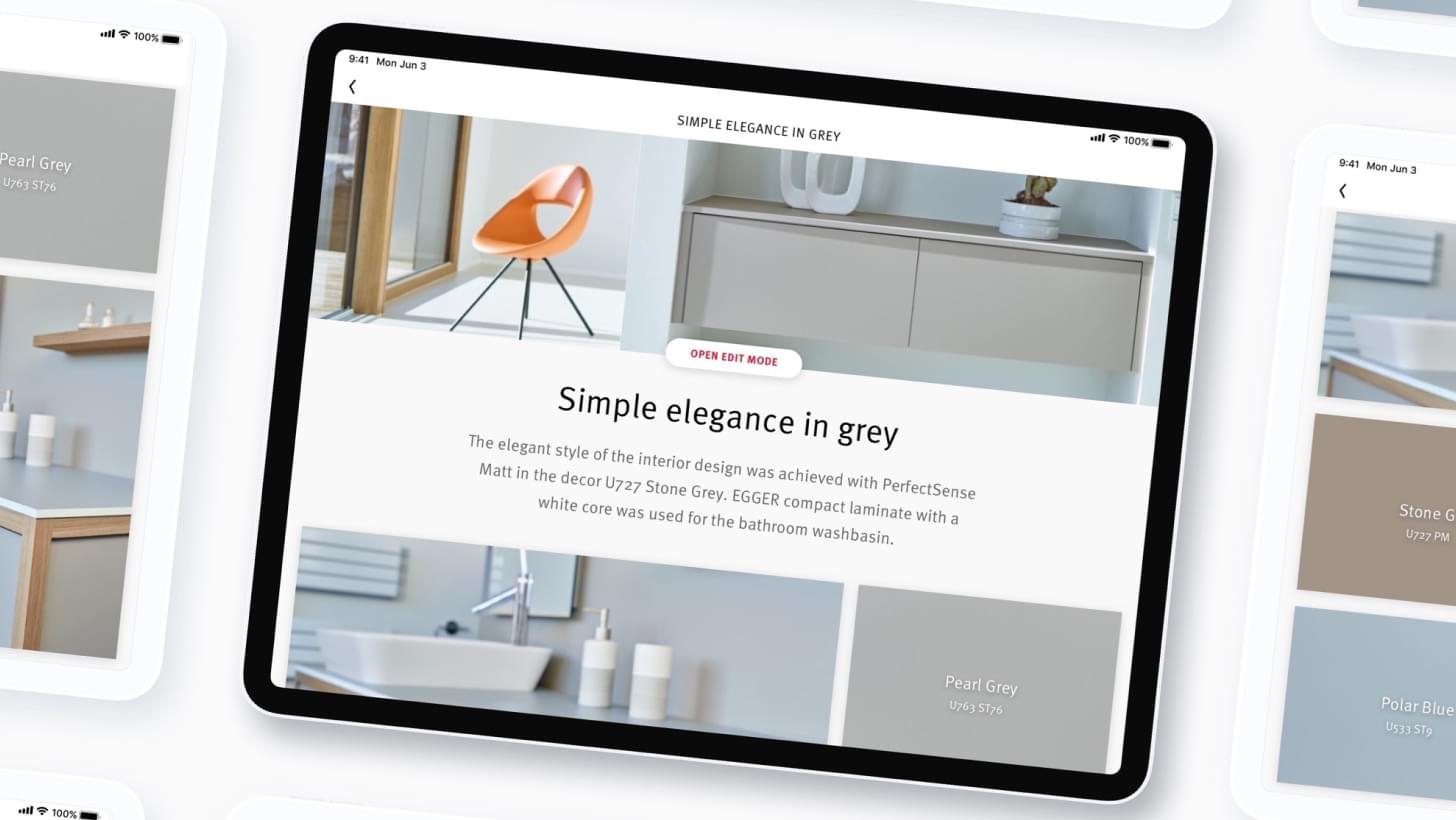 Moodboard auf einem Tablet mit EGGER App zeigt Interior Design in Grau mit Dekoren wie Stone Grey und Pearl Grey.