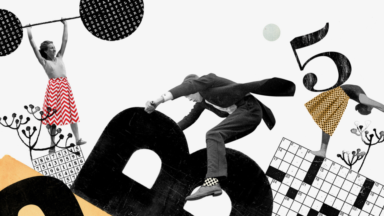Collage aus Menschen, Buchstaben, Zahlen und Mustern; Mann springt über riesige Buchstaben; Frau hebt Hantel; spielerische Mischung.