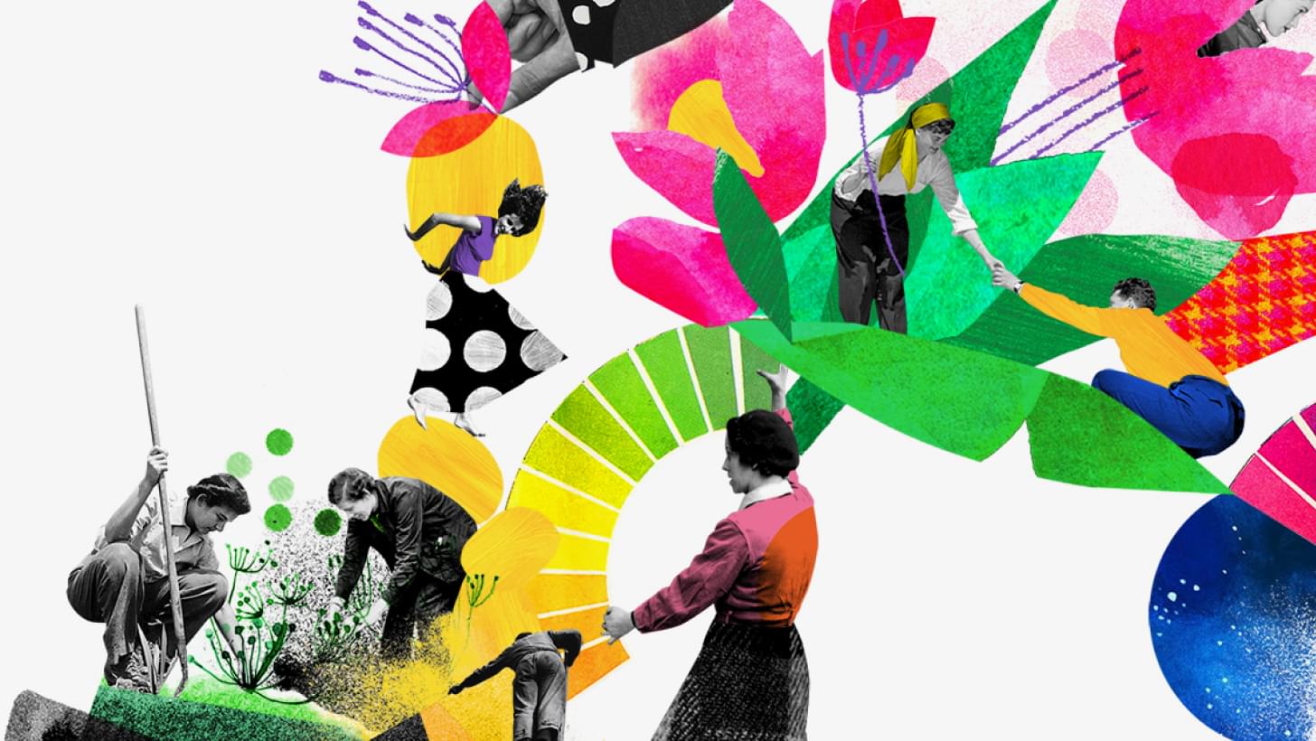 Collage aus Menschen beim Gärtnern, Helfen, Arbeiten – kombiniert mit Blumen und geometrischen Formen.