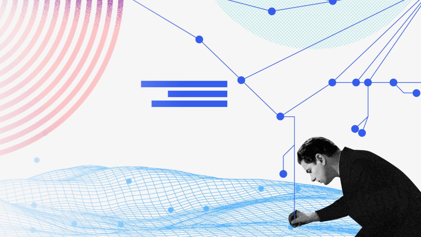 A sales person looking intently at a network grid, with abstract blue data points and connecting lines in the background.