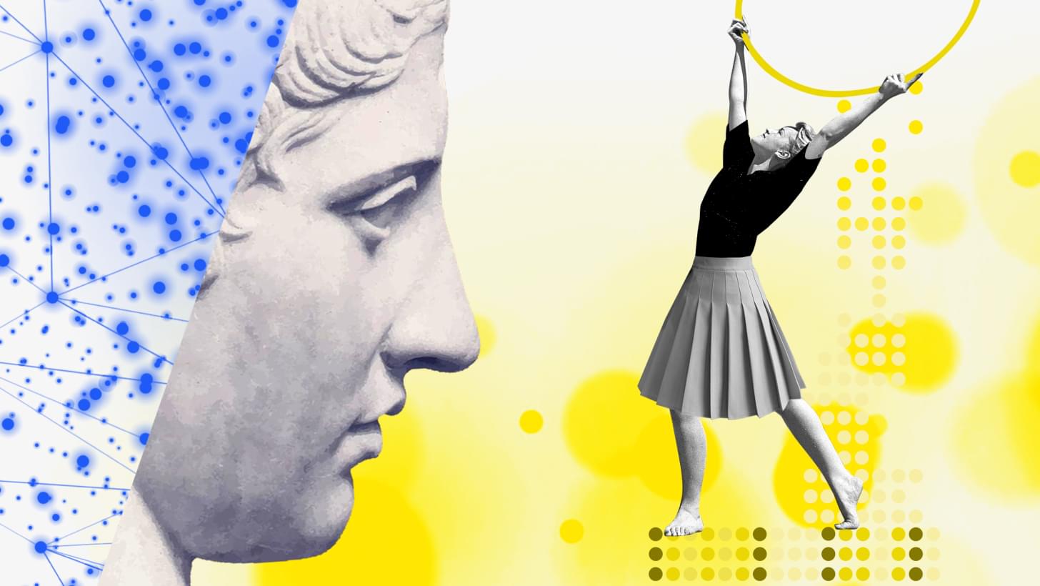 Ein abstraktes Bild zeigt eine Büste und eine Frau, die einen Reifen hält, mit geometrischen Mustern.