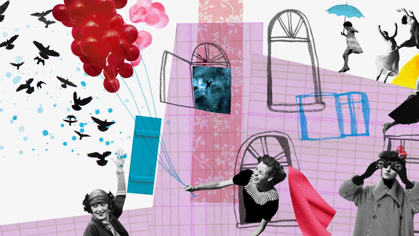 A colorful collage featuring black-and-white photos of people combined with illustrated elements.