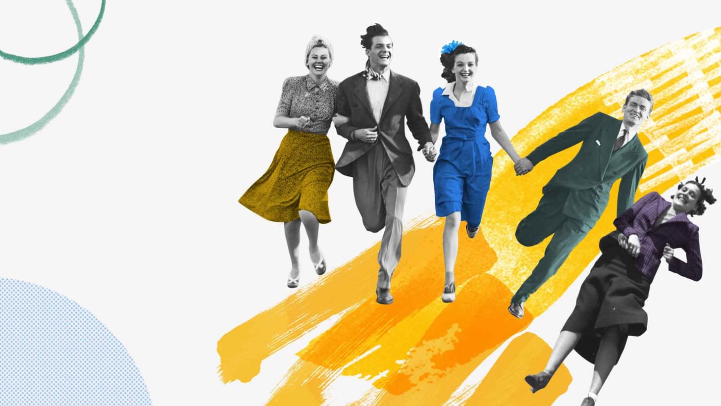 Eine Gruppe lachender, stilisierter Menschen in Vintage-Kleidung rennt über einen farbigen Pinselstrich.