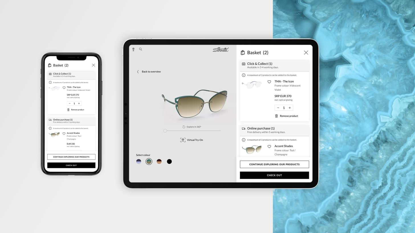 Smartphone und Tablet zeigen den Online-Warenkorb für Sonnenbrillen mit Click & Collect-Option.