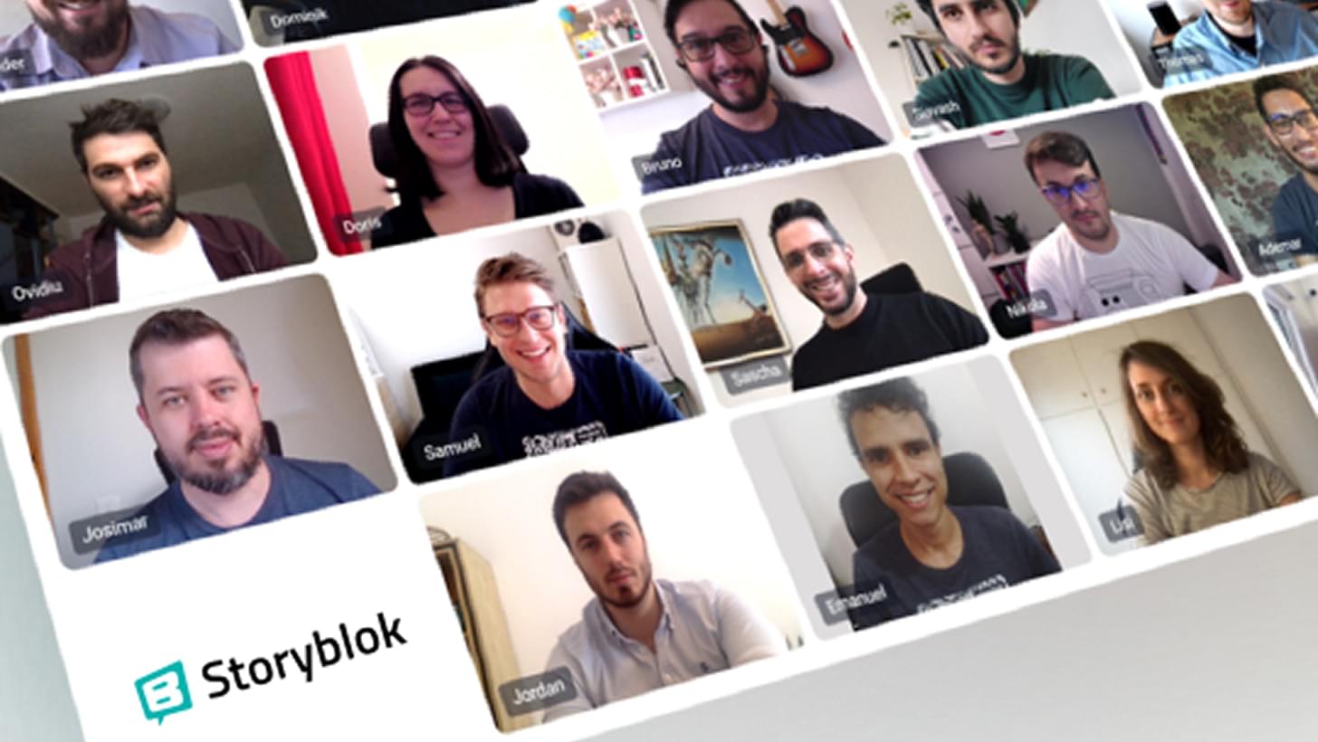 Screenshot eines virtuellen Teammeetings von Storyblok mit mehreren Teilnehmenden in Videokacheln.